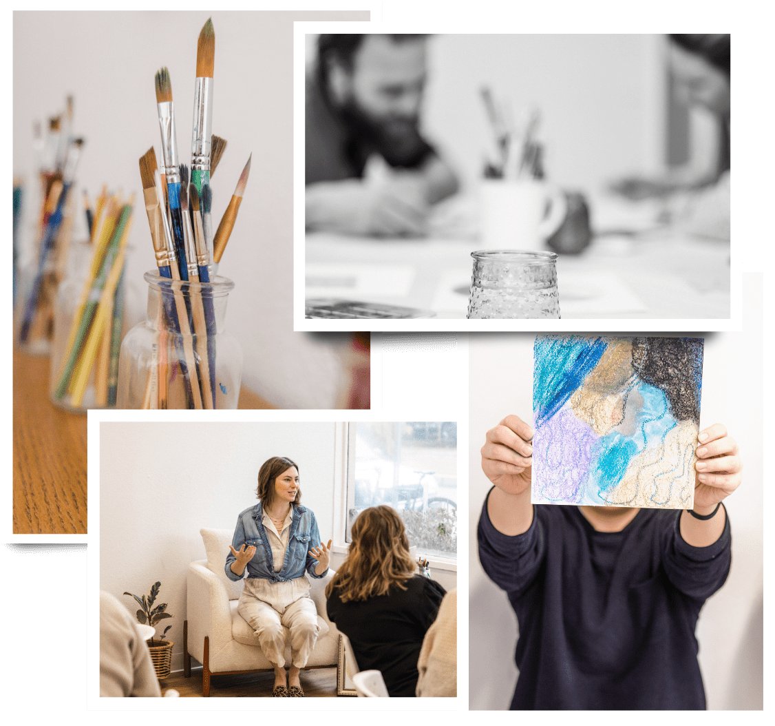 picture collage of paint brushes and people painting art projects