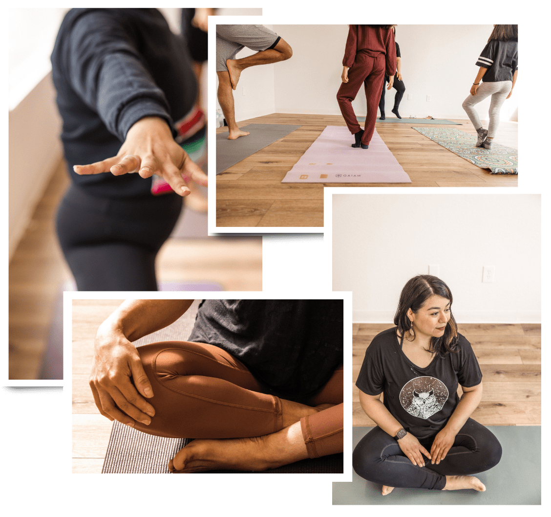 picture collage of people in yoga poses in studio